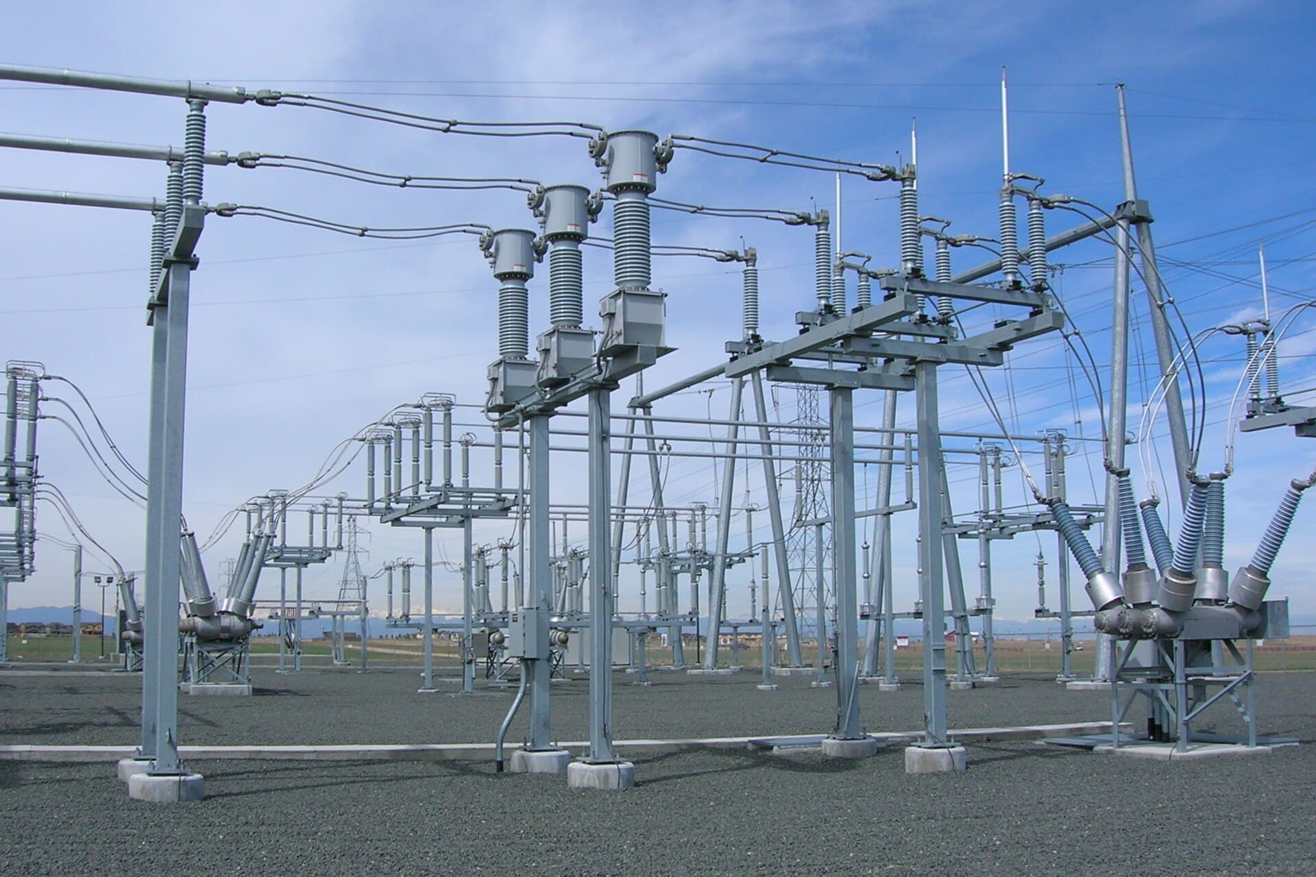 A substation switchyard at dusk, the kind of site where the control network is deliberately isolated
